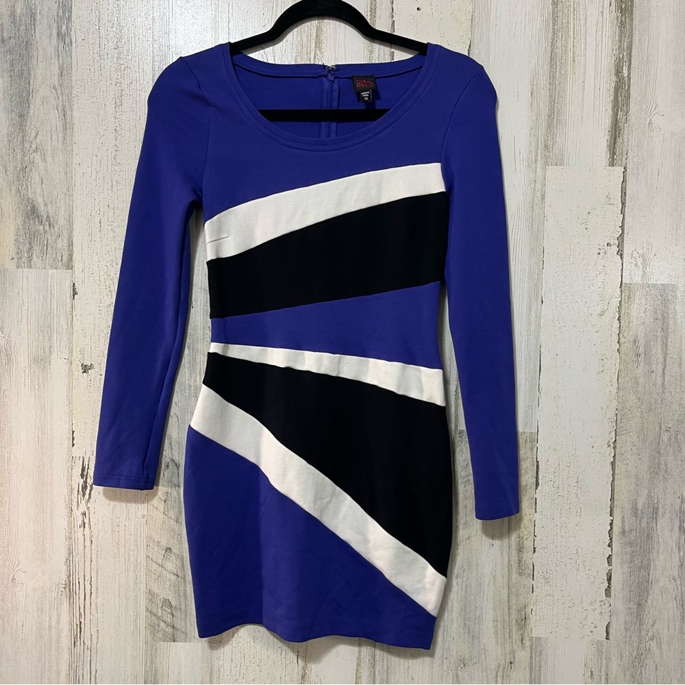 bebe Royal Blue, Black & White Long Sleeve Mini Dress